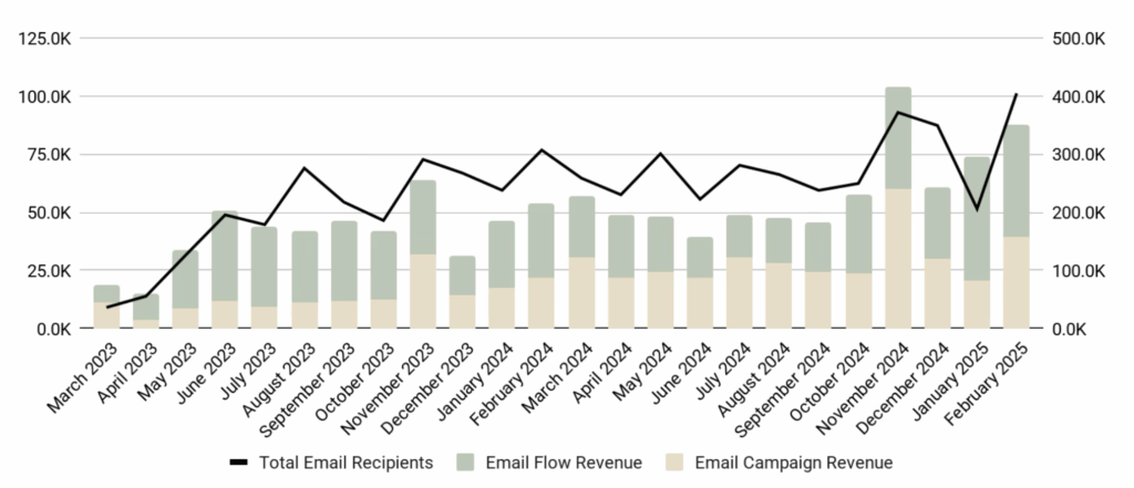 At present, Feminera's email marketing initiatives have significantly improved, accounting for up to 37% of total monthly revenue and even reaching as high as 48% during special occasions like Black Friday.